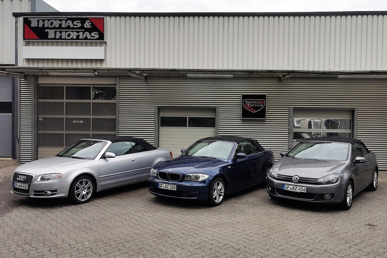 Cabrio-Trio vor der THOMAS & THOMAS Werkstatt in Braunschweig — Audi A4, BMW 1er und VW Golf Cabrio